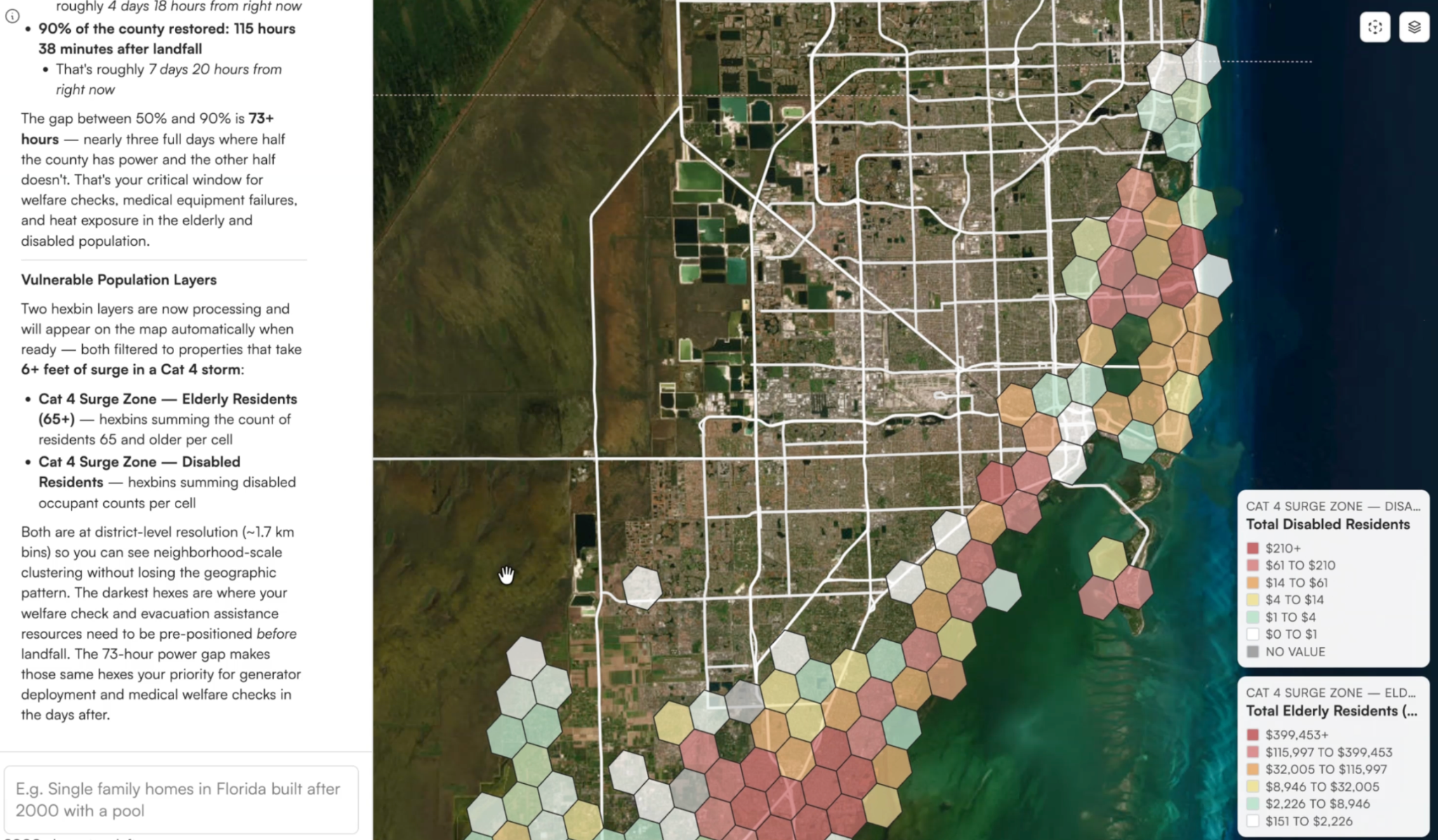 Prometheus coastal disaster resilience map showing storm-surge exposure, vulnerable population layers, and recovery planning analysis.