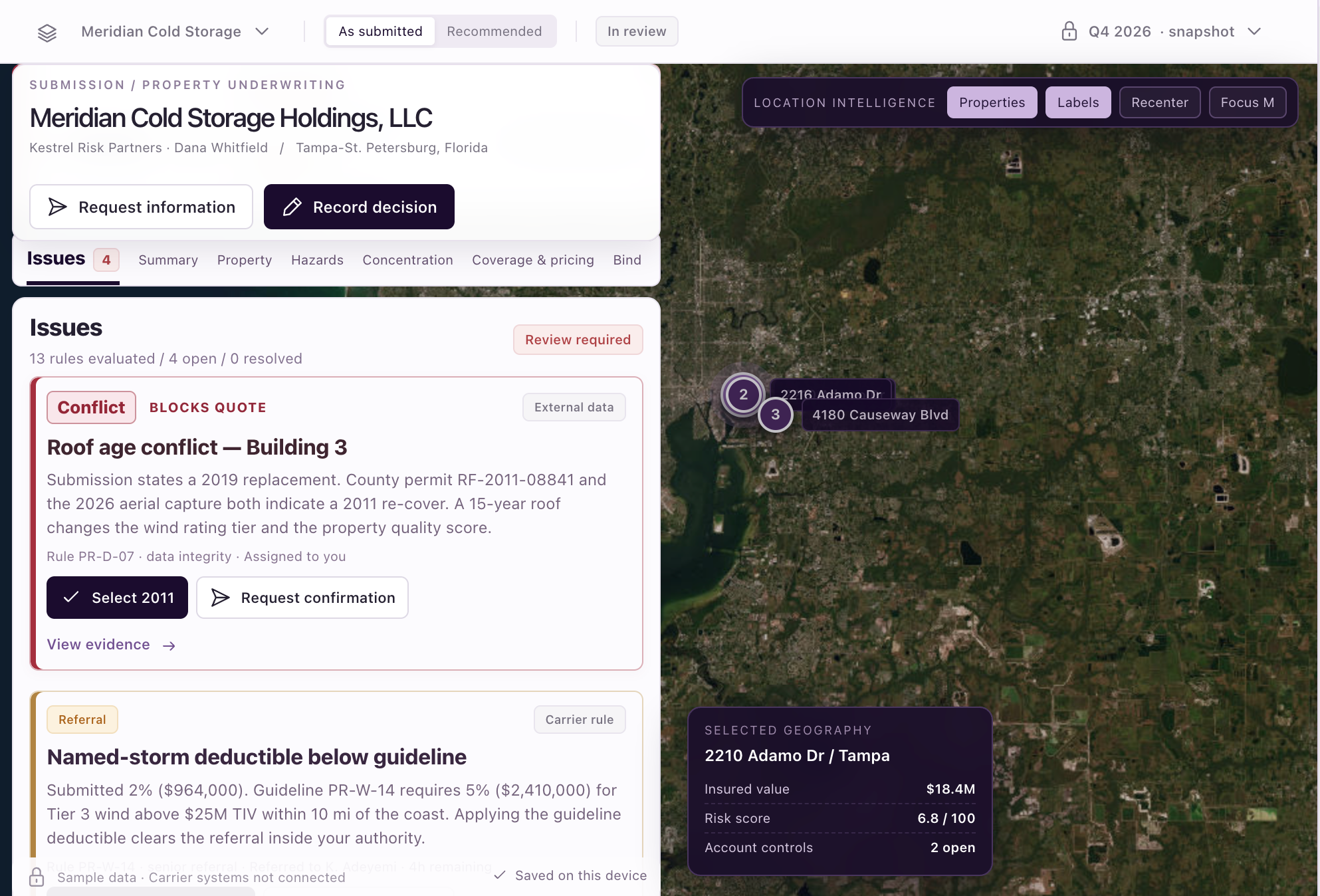 Prometheus property underwriting workflow showing submission review, roof-age evidence, carrier-rule referrals, and satellite location intelligence for a commercial property account.