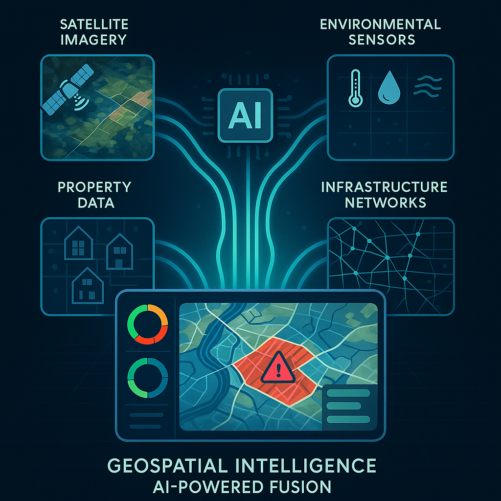 Diagram showing satellite imagery, environmental sensors, property data, and infrastructure networks fusing through an AI engine into a geospatial intelligence dashboard