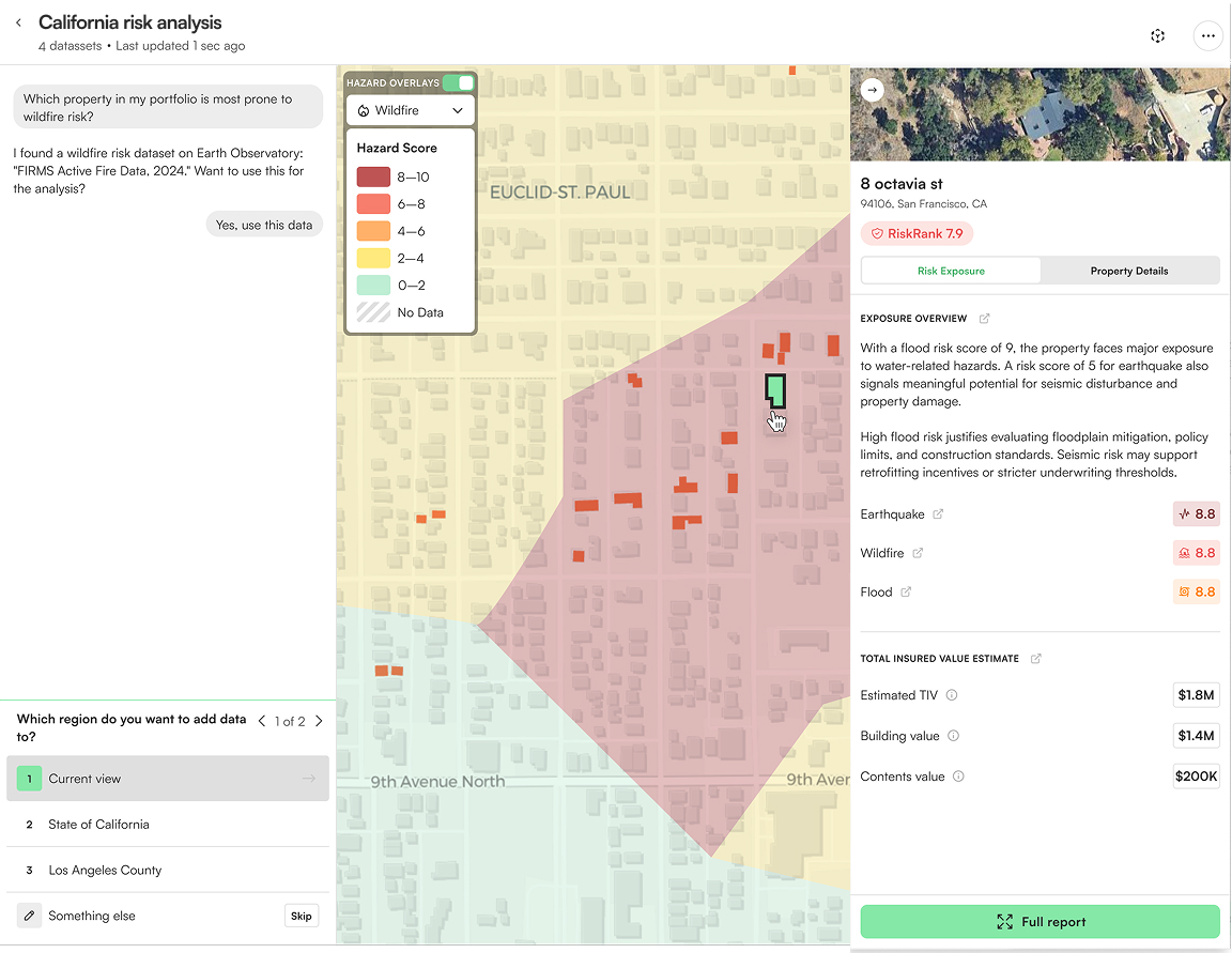 Prometheus risk analysis interface showing a California wildfire hazard map with property-level RiskRank scores, peril exposure, and total insured value estimates